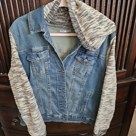 Denim Jacket w/ Knit Sleeves Womens Plus - Picture 1 of 6